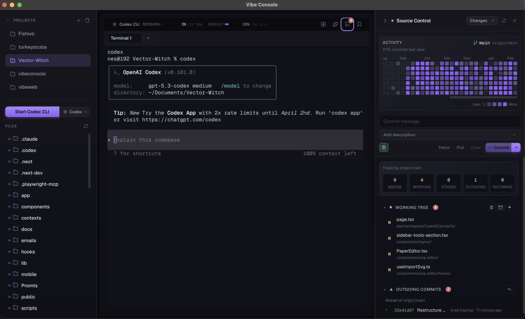 VibeConsole workspace showing Codex CLI, project files, usage information, and the integrated Git panel