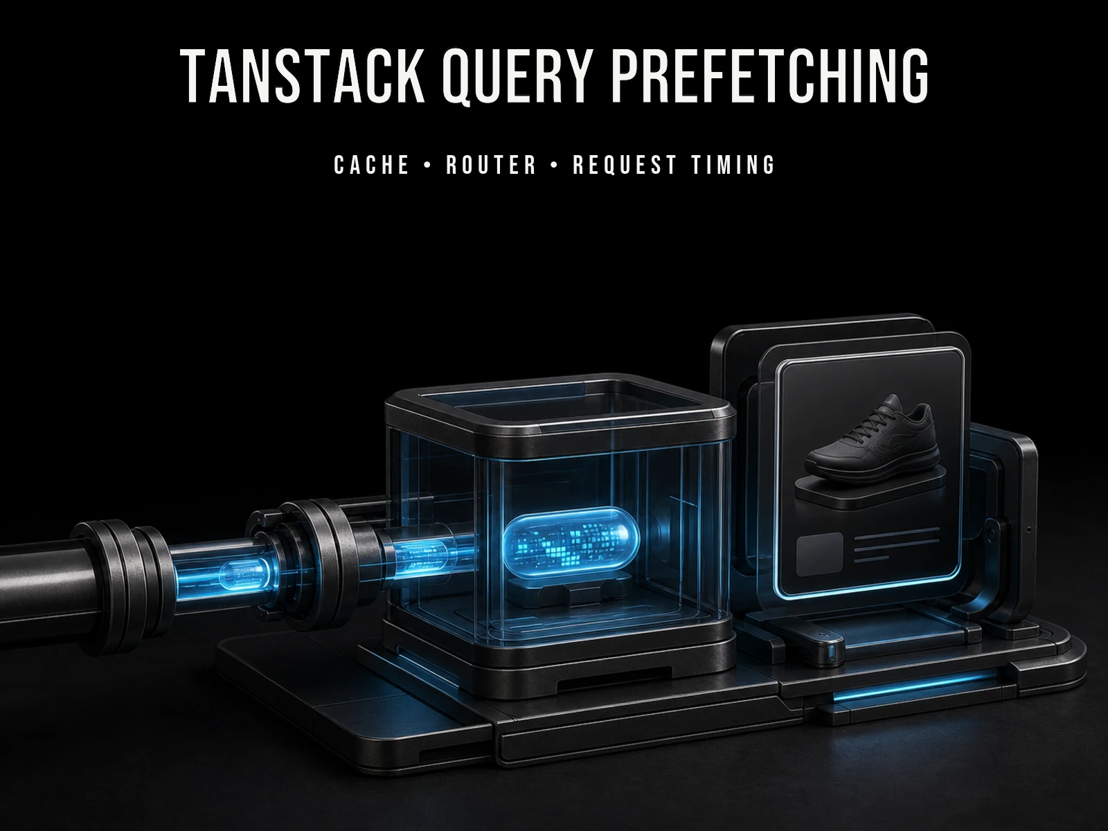 TanStack Query prefetching — a data capsule reaching the cache before the product detail view opens