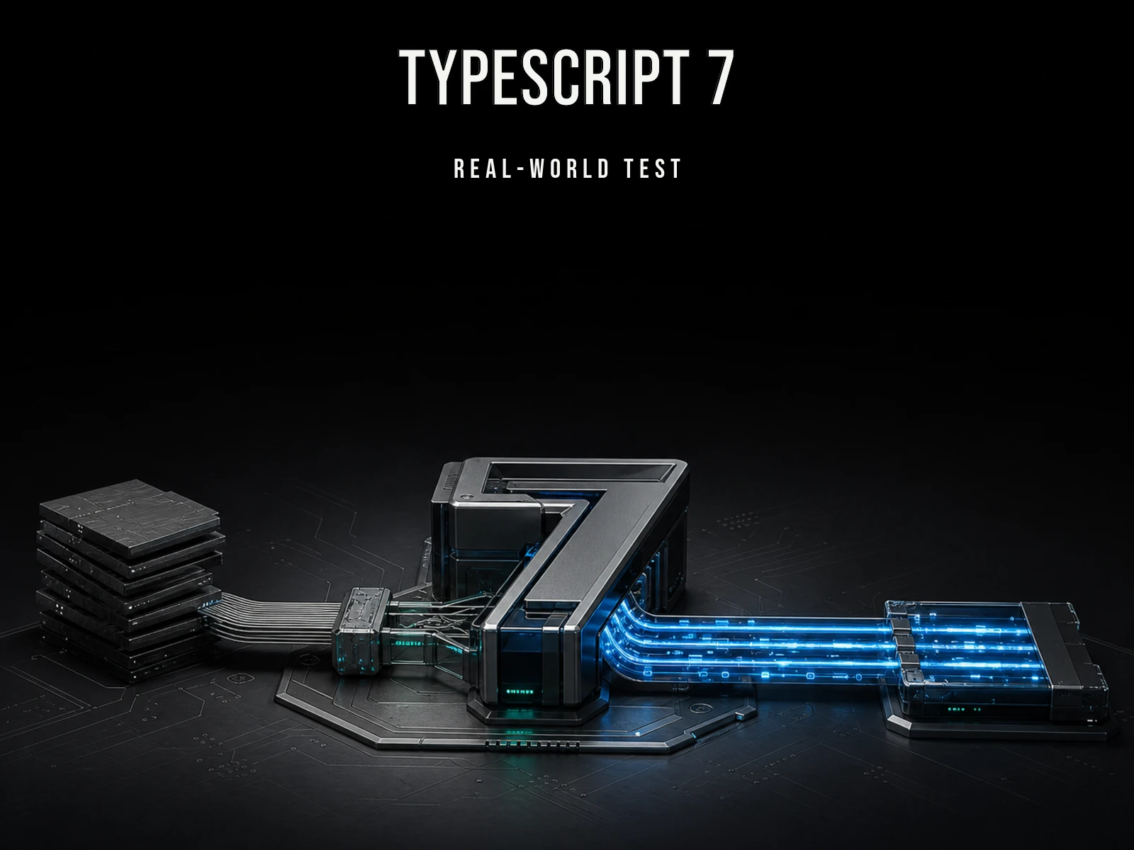 TypeScript 7 native compiler — legacy code blocks accelerating through a seven-shaped processor into parallel blue data lanes