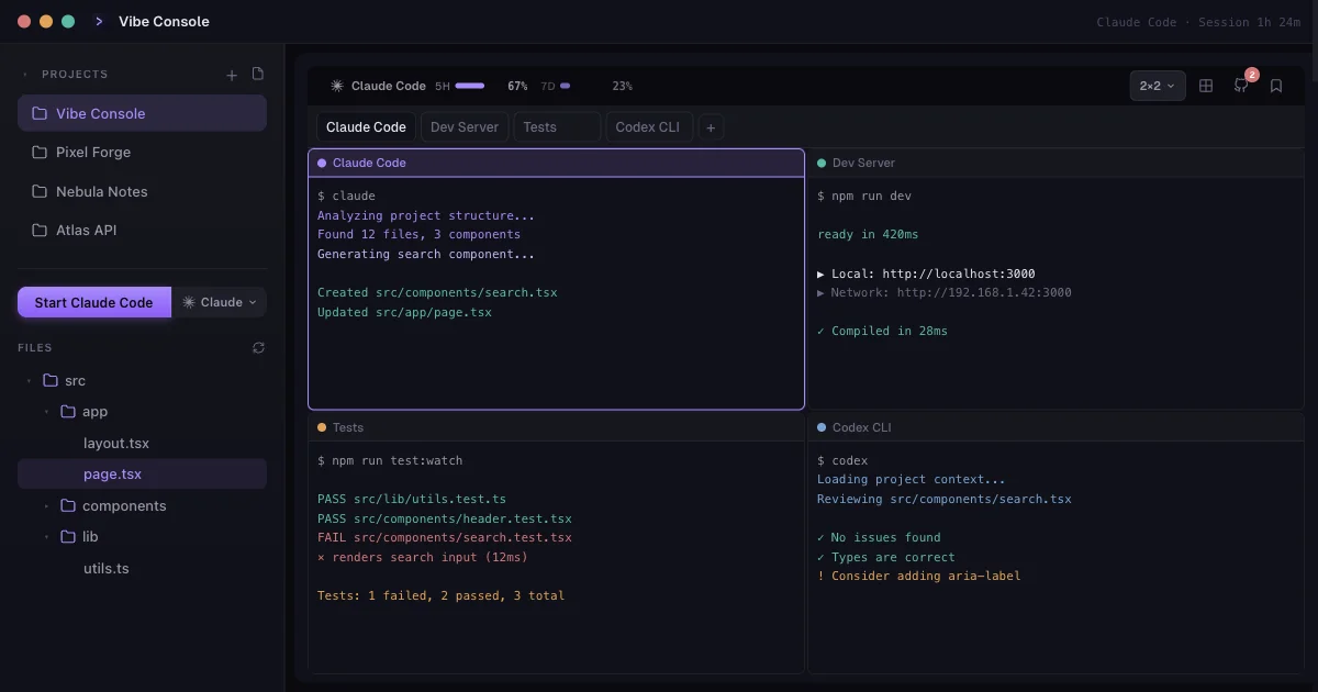 VibeConsole window with a project list and file tree on the left and a 2×2 terminal grid running Claude Code, a dev server, tests, and Codex CLI